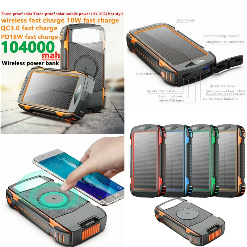 Wireless power bank with solar charging, quick charge, and wireless charging support.