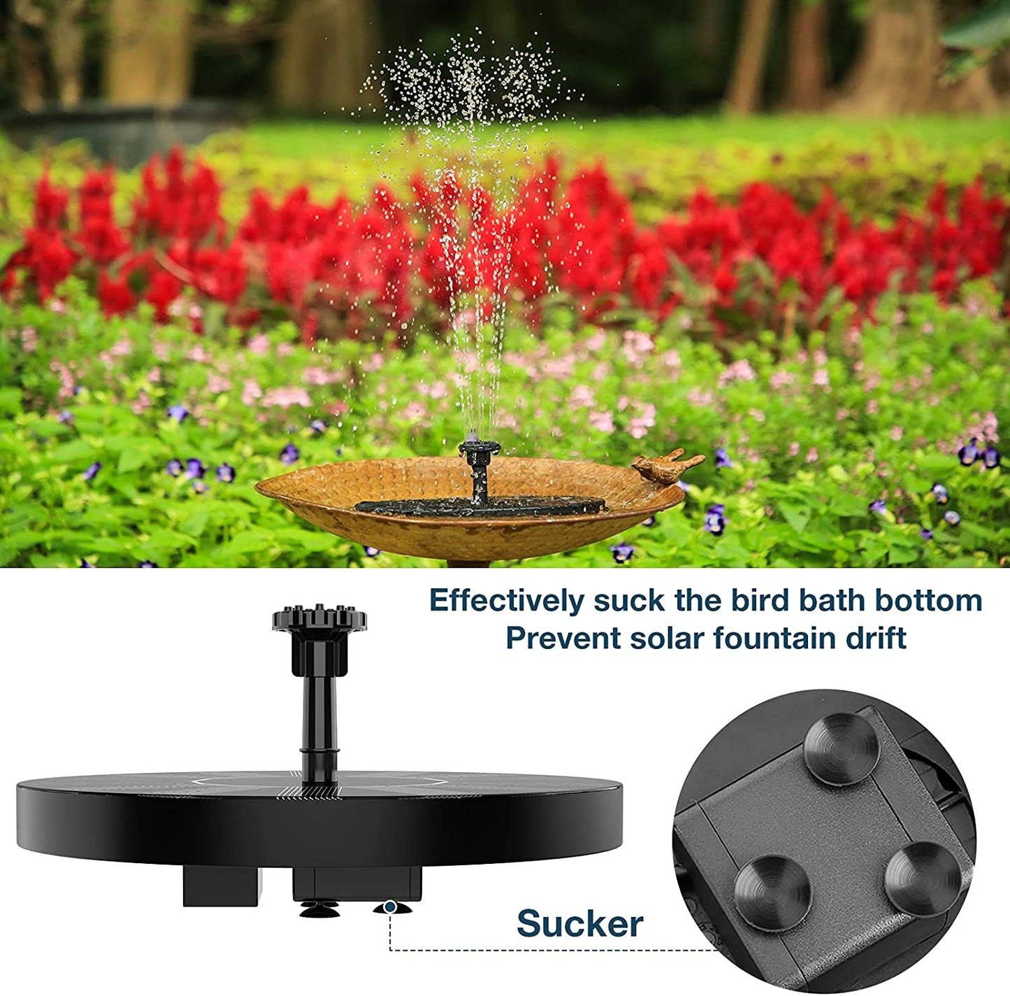 1.5W Solar Fountain Pump, suck the bird bath bottom Prevent solar fountain drift Sucker