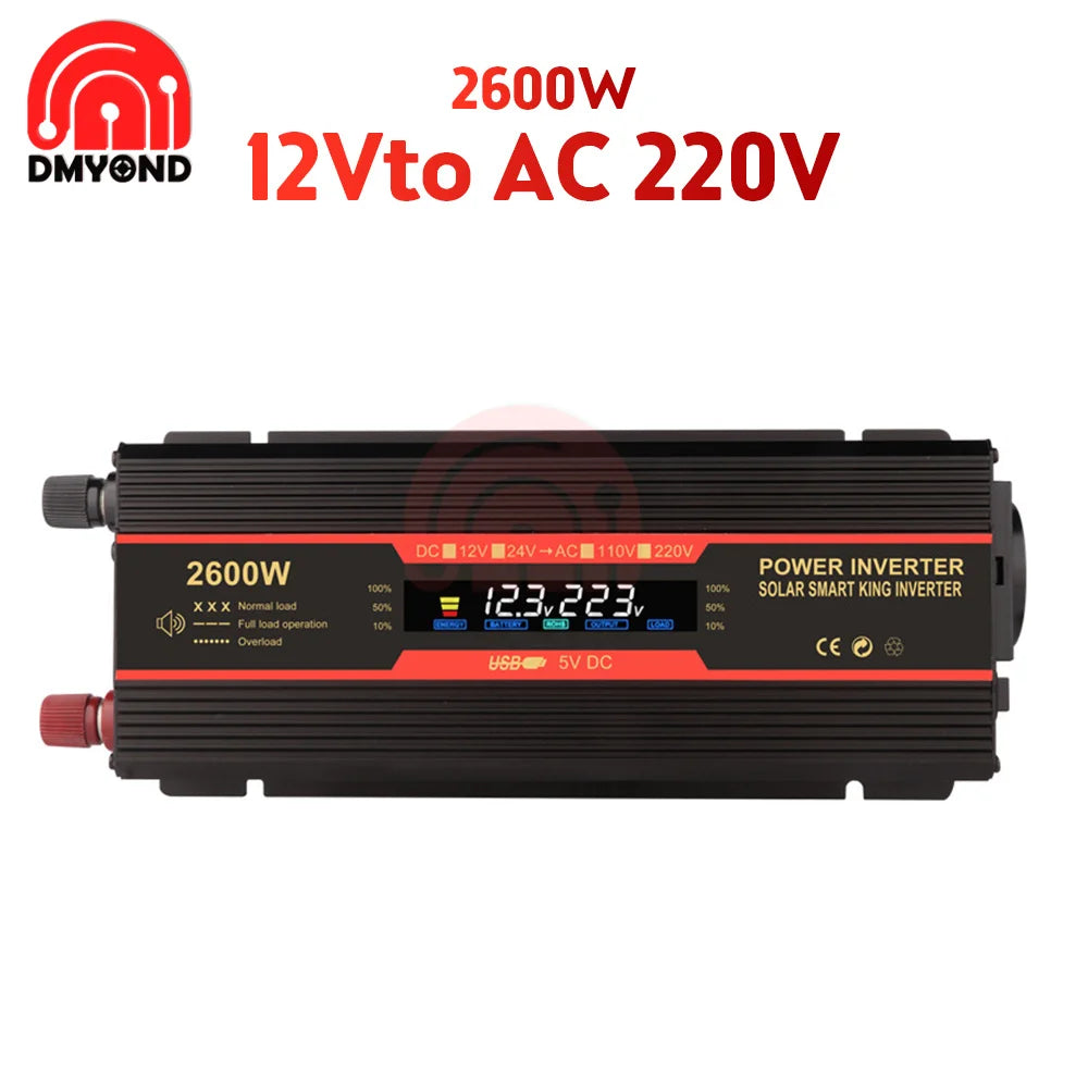 1500W/2000W/2600W Inverter, Pure sine wave power inverter converts DC to AC with LCD display and smart features.