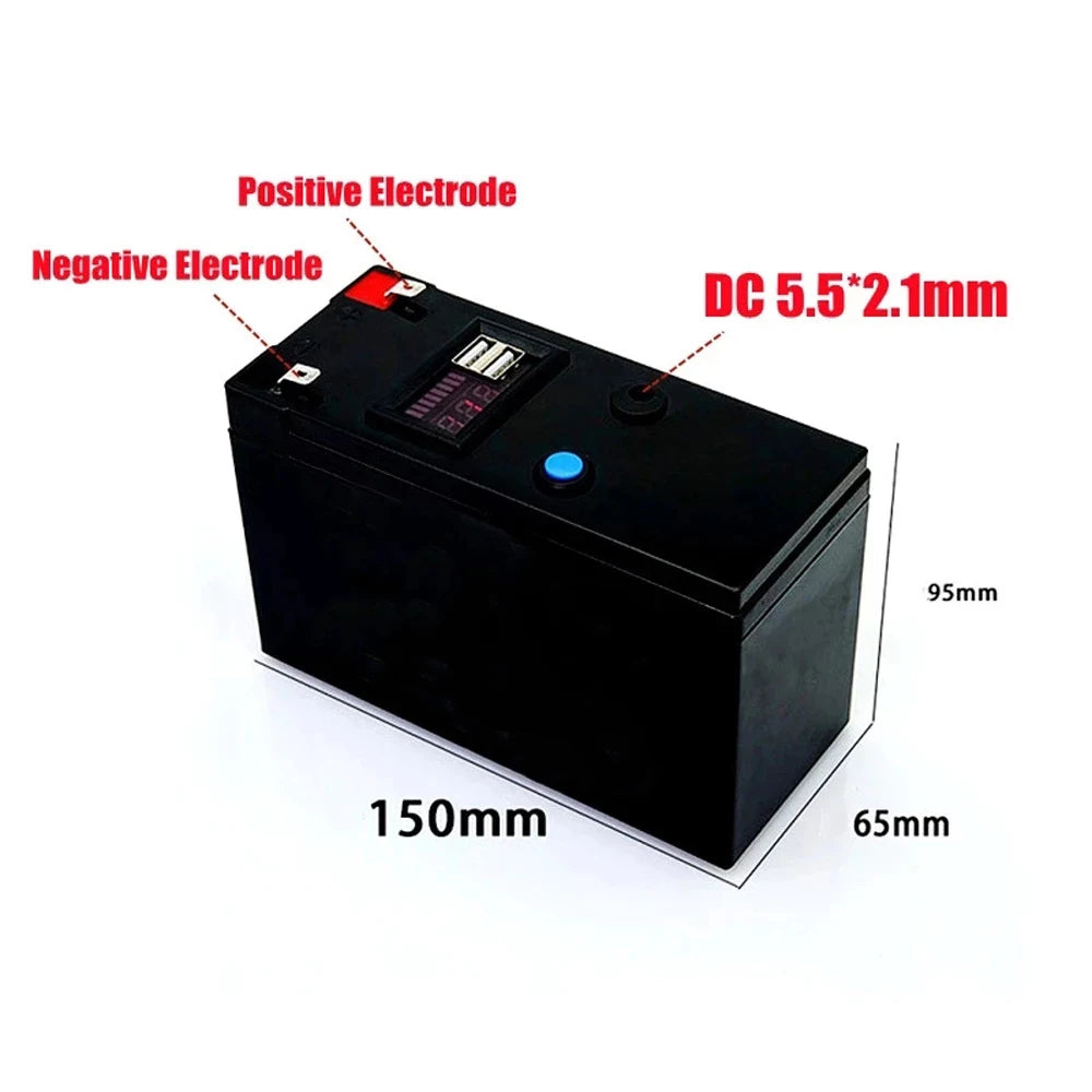 12V Battery, DC connectors for 9Smm, 150mm, and 65mm applications featuring positive/negative electrodes.