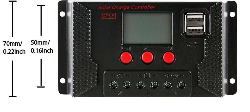 Compact solar charge controller with small dimensions (70mm, 50mm, or 0.22 inch / 0.16 inch) for easy installation.