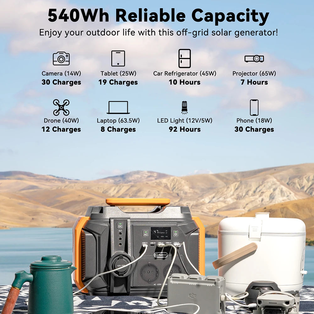 FF Flashfish  A501, Portable solar generator with 540Wh capacity charges devices like cameras, tablets, and laptops.