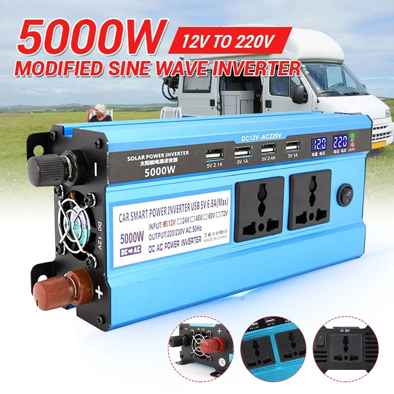 Modified sine wave inverter converts DC power from solar panels to AC power, suitable for cars and homes.