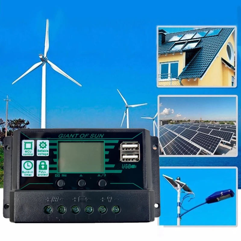 150A Solar Controller, Giantsun MCU solar controller with adjustable USB output and LCD display for monitoring solar panel performance.