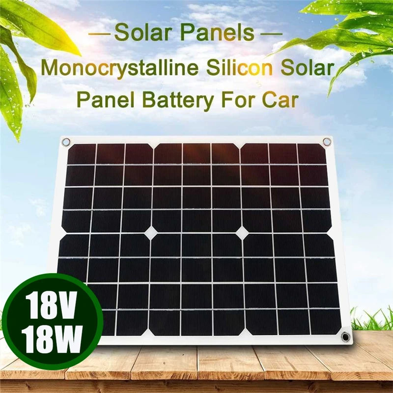 Monocrystalline silicon solar panel for car battery charging, 18V, 18W output.