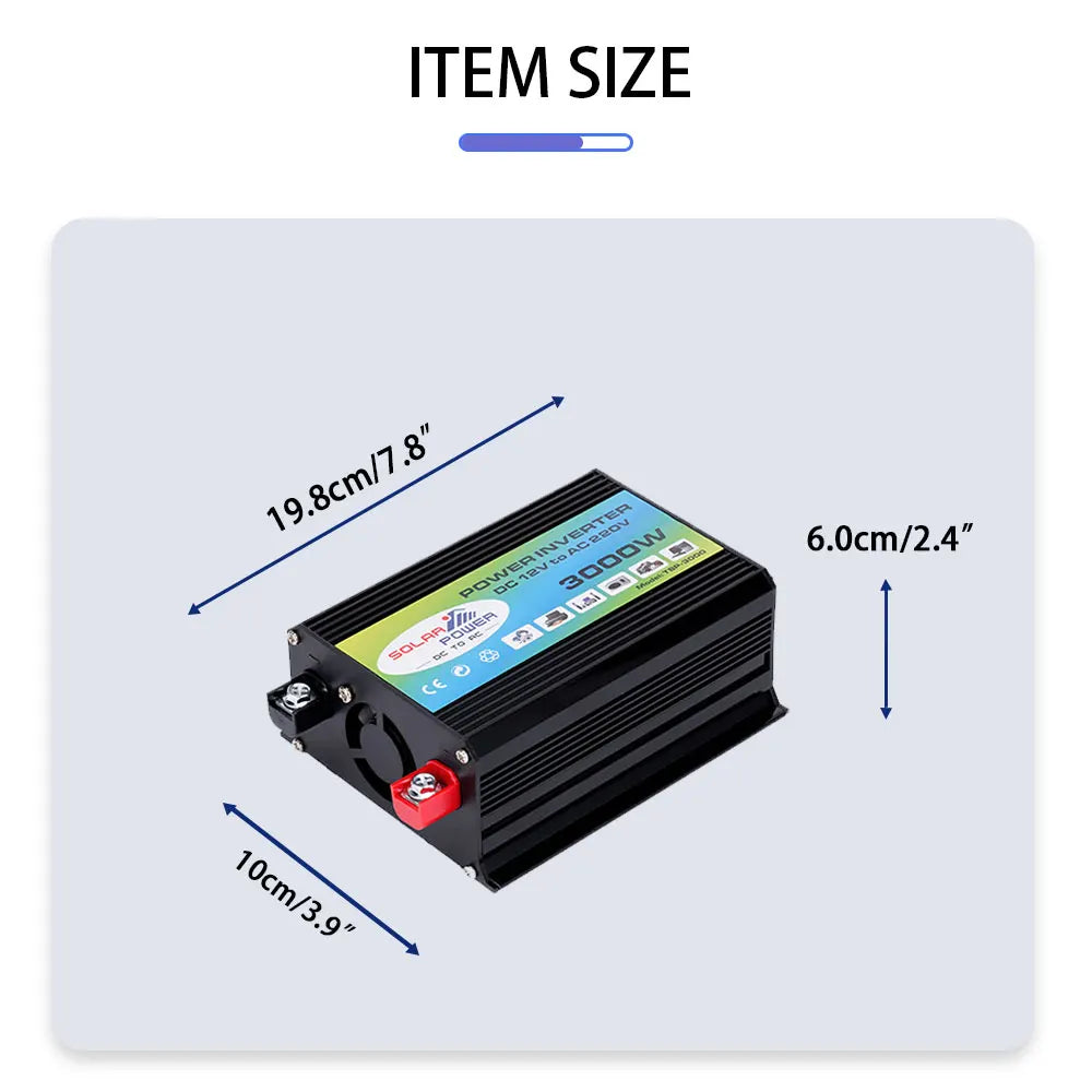 Solar Inverter, Dimensions: 8 inches tall, 2.4 inches wide, and 19.8 centimeters long.