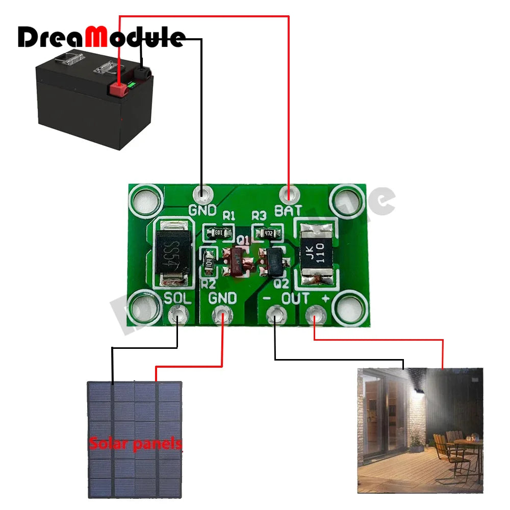 Solar Panel Controller, Connect LED lamp to step-down driver or resistor to prevent overheating.