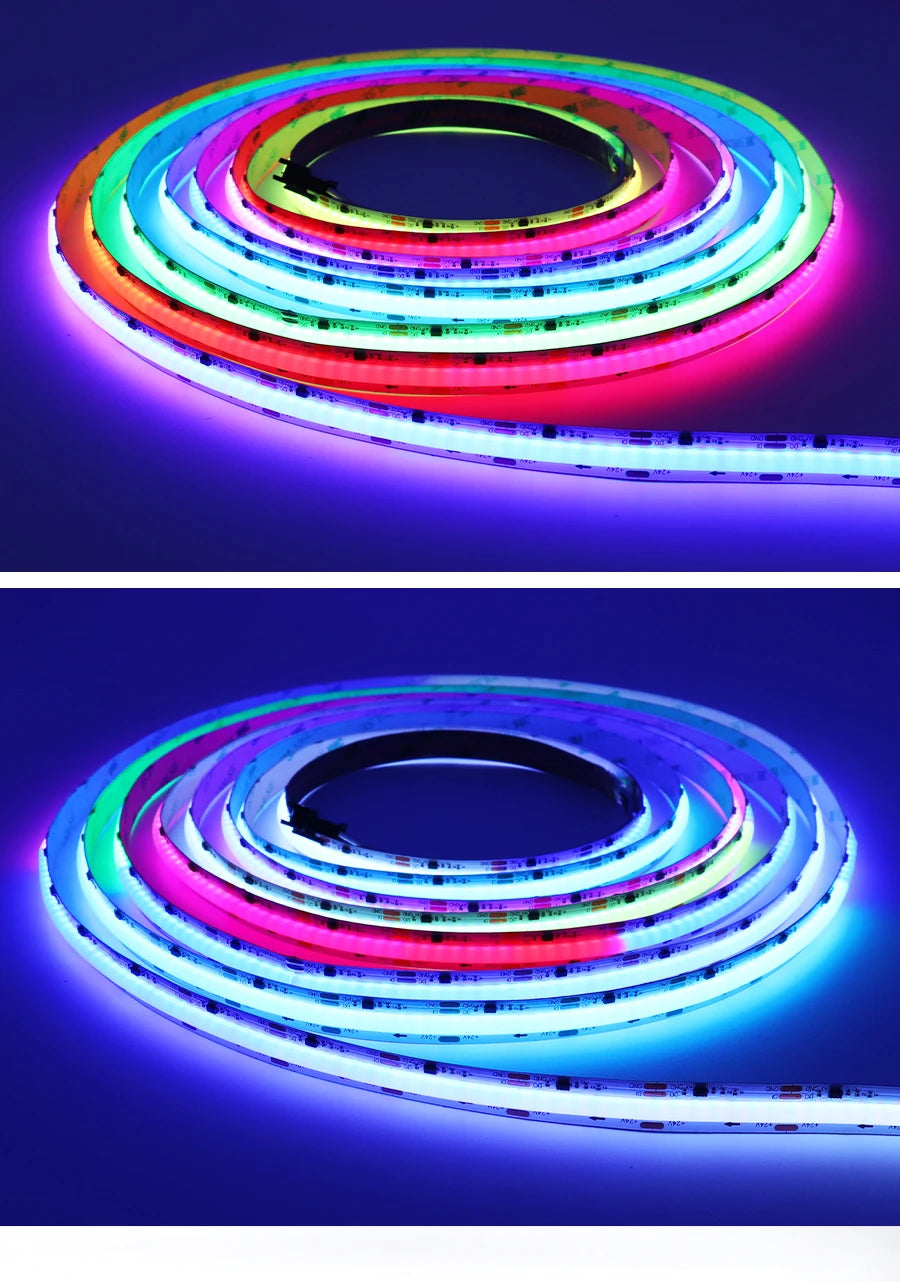 Addressable COB LED Strip Light, LED strip light with 714 LEDs and color control, ideal for decorative and ambient lighting.