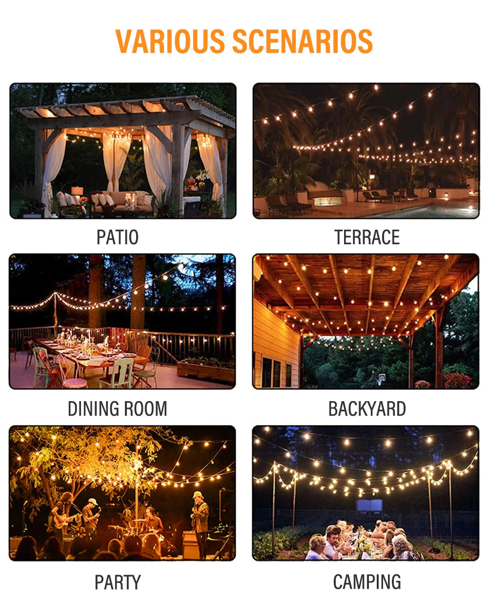50FT LED G40 Ball String Light, Outdoor lighting for patios, backyards, and parties, suitable for camping to Christmas celebrations.