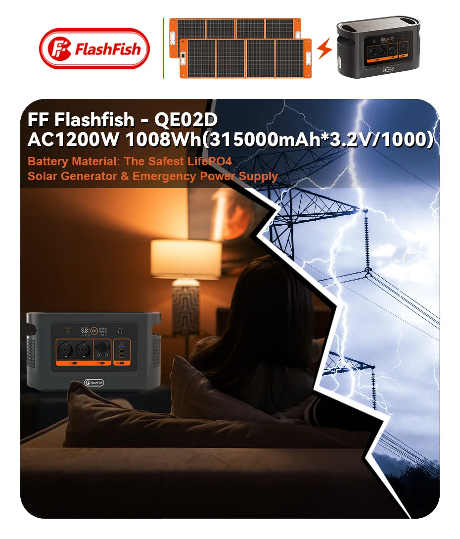 FF Flashfish QE02D, Portable power station with safe Lifepo4 battery, 1008Wh capacity for emergency and off-grid use.