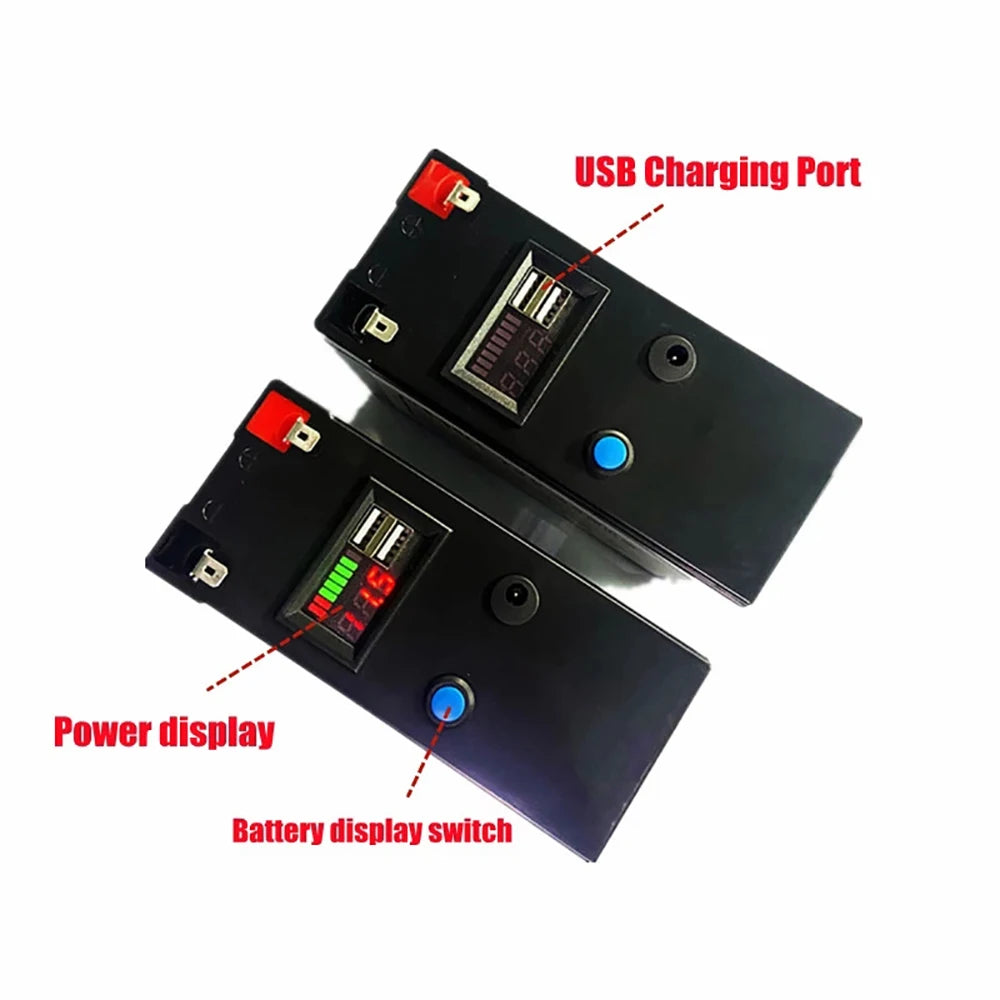 12V Battery, Features USB charging port, power display, and battery status switch.