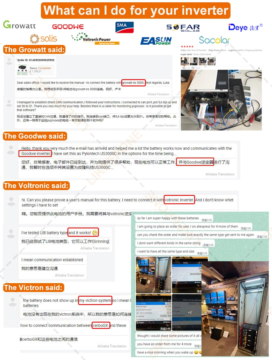 LiFePO4 48V 230Ah 200Ah 100Ah Battery, Email helped troubleshoot battery and inverter connection issues.