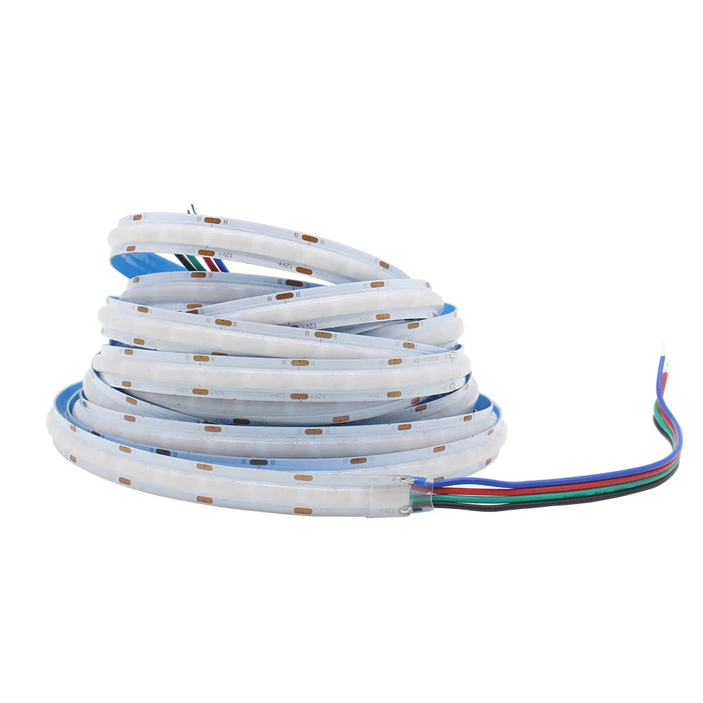 RGB COB LED Strip Light, RGB COB LED Strip with waterproof design, 24V voltage, and 840 LEDs per meter.