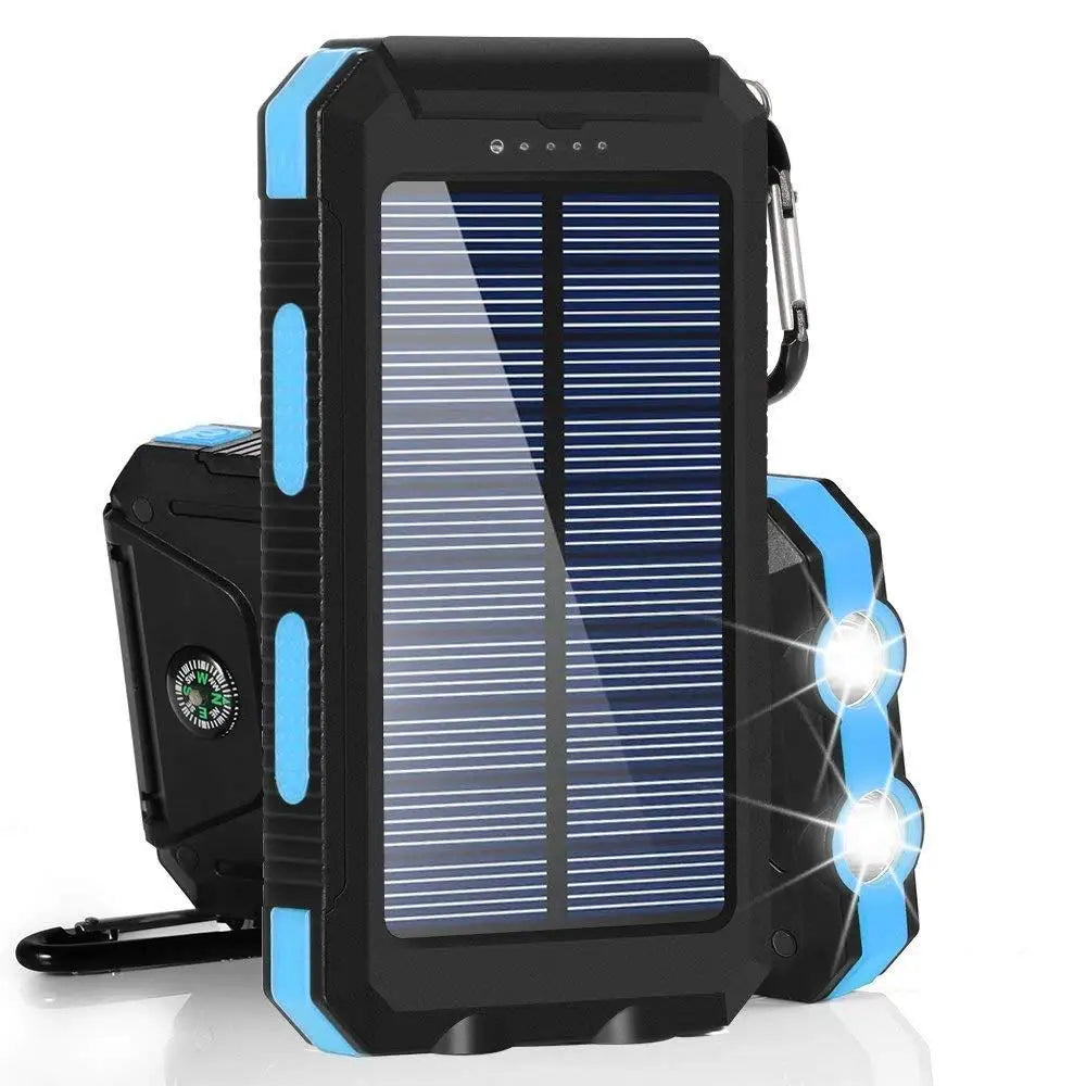 High-capacity solar power bank with dual USB ports and LED light, perfect for outdoor charging needs.