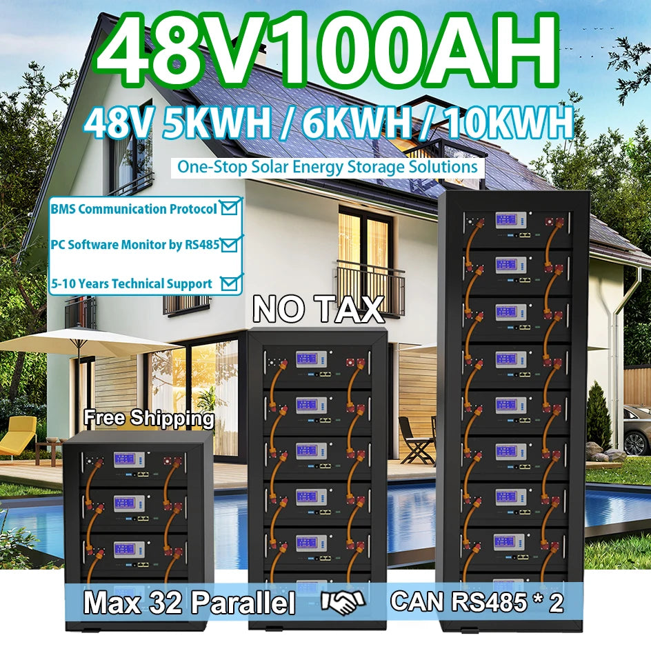 48V LiFePO4 100Ah 5120Wh Battery, 48V LiFePO4 battery pack with 100Ah capacity and CAN/RS485 protocols.