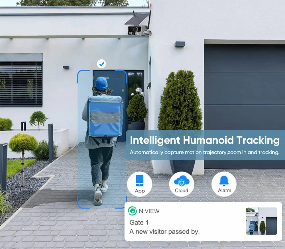 Automatically tracks human movement, zooms in for clear video and alerts via app notifications.