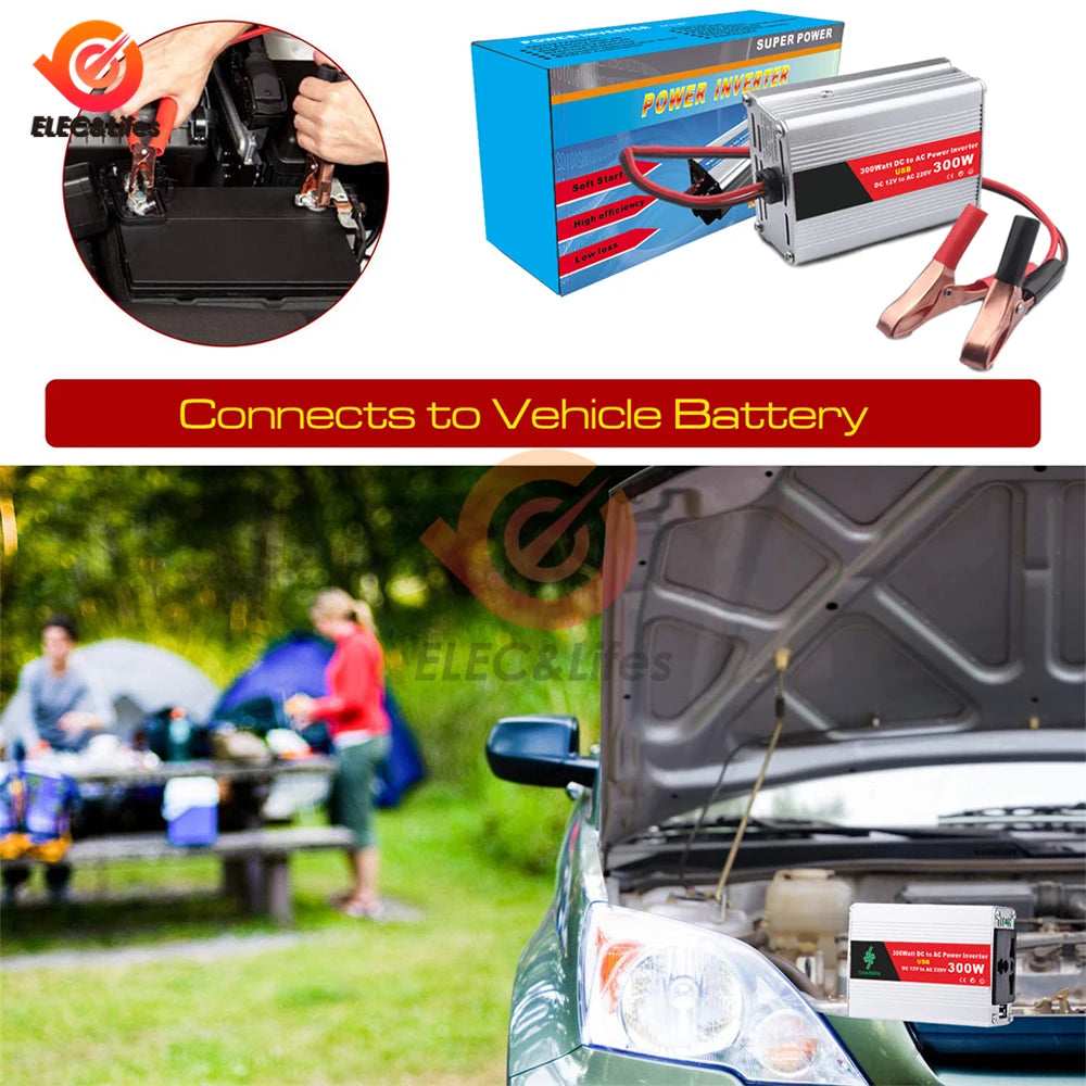 300W Car Power Inverter, Inverter converts DC car battery power to AC for home and outdoor use.