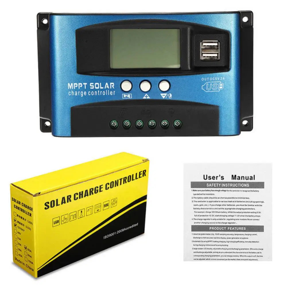 Solar Controller, MPPT solar charge controller manual: safety guide, product features, and charging instructions for 30/50A auto charger with dual USB ports.