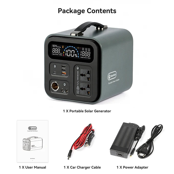 FF Flashfish UA550 Portable Power Station, Package contents: FF Flashfish solar generator, user guide, charging cables, and adapters.