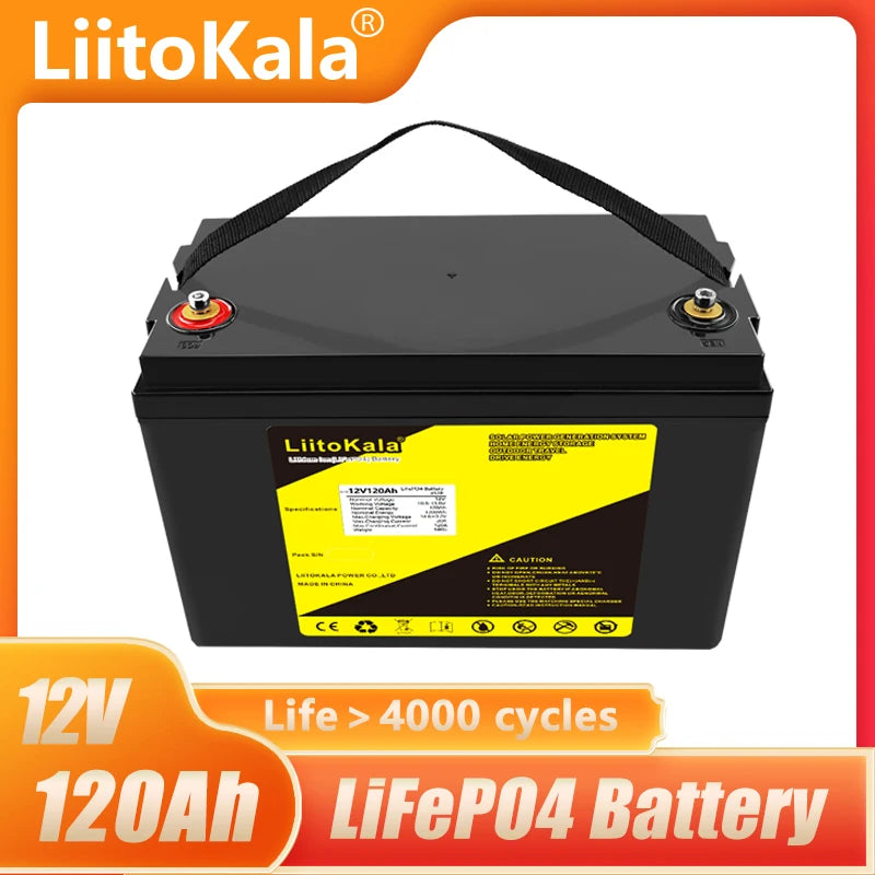 Rechargeable 12V 120Ah lithium-ion battery for outdoor adventures with BMS protection.