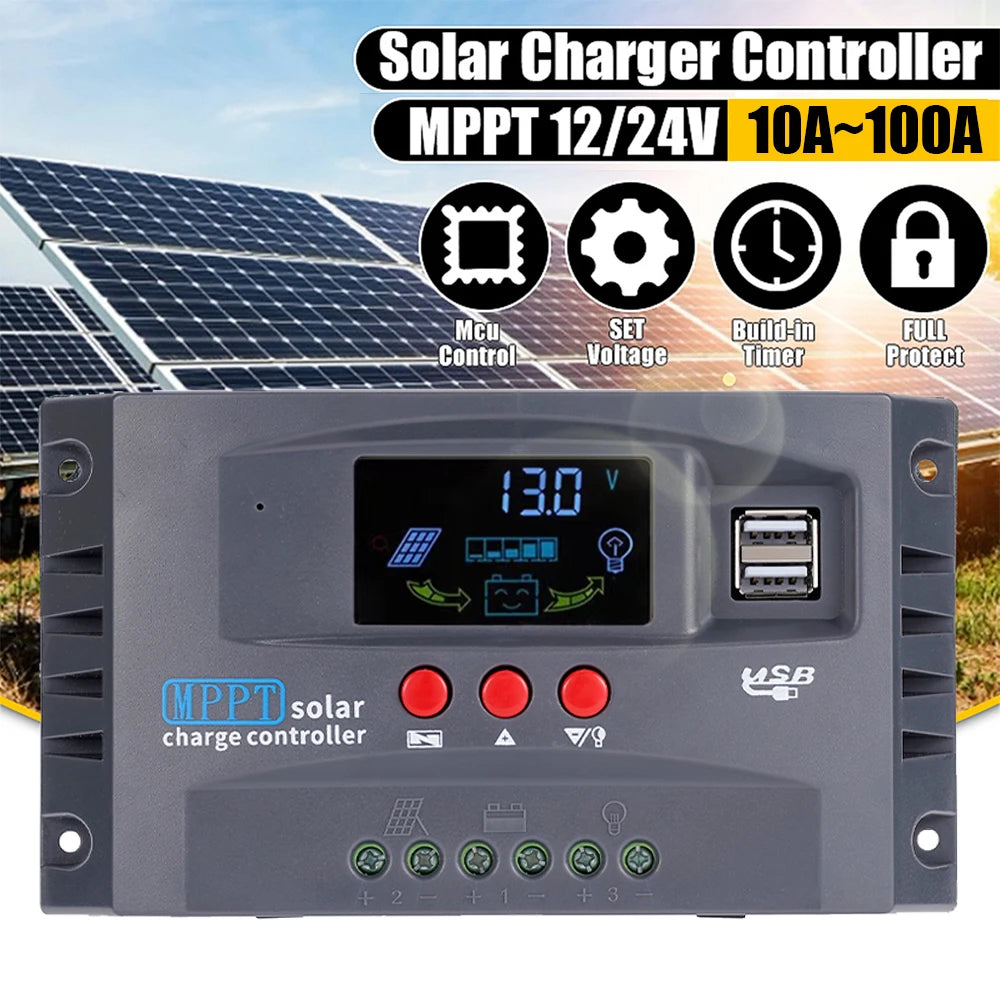 MPPT Solar Charge Controller, Solar charge controller with MCU, handles 10A-100A, includes voltage timer, and safeguards against overcharging/discharge.