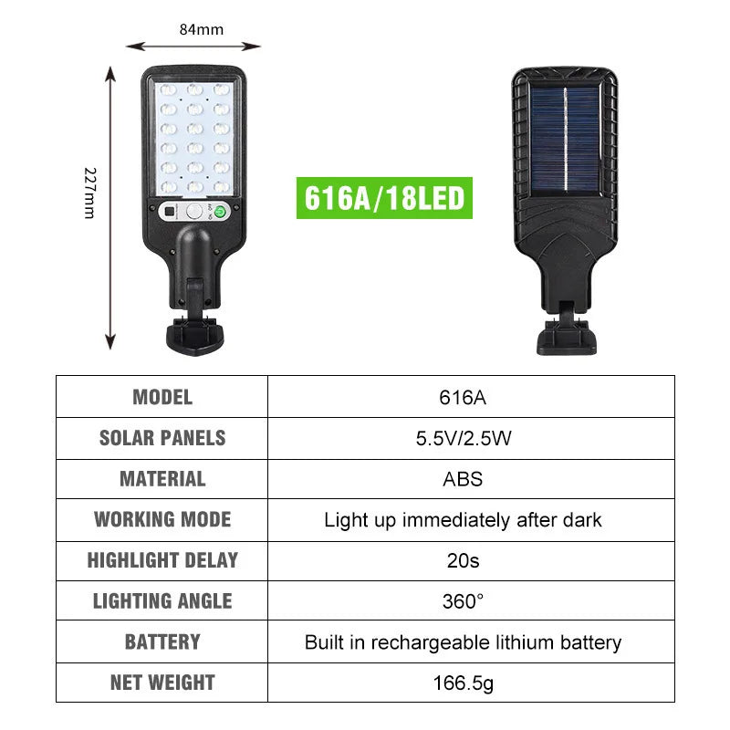 Solar-powered courtyard lamp with 18 LED lights, rechargeable battery, and adjustable angle.
