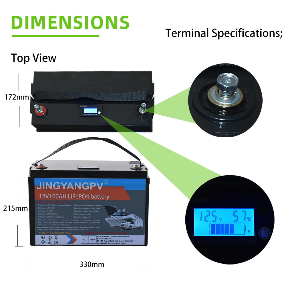 Jingyang 12V 100Ah 200Ah Lithium LiFePO4 Battery, **Product Specifications:**