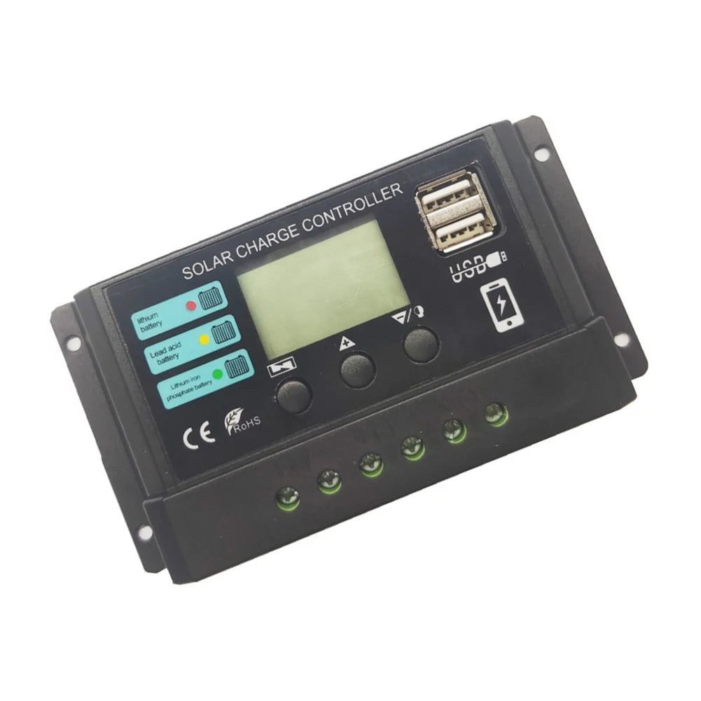 Solar charge controller with dual USB ports and adjustable settings for various battery types.