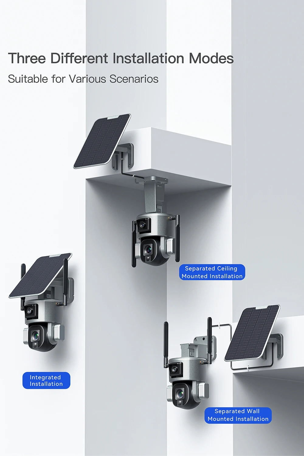 PEGATAH 8MP 4G Wireless Solar Camera, Easy setup options: ceiling mount, separate wall mount, or integrated install.