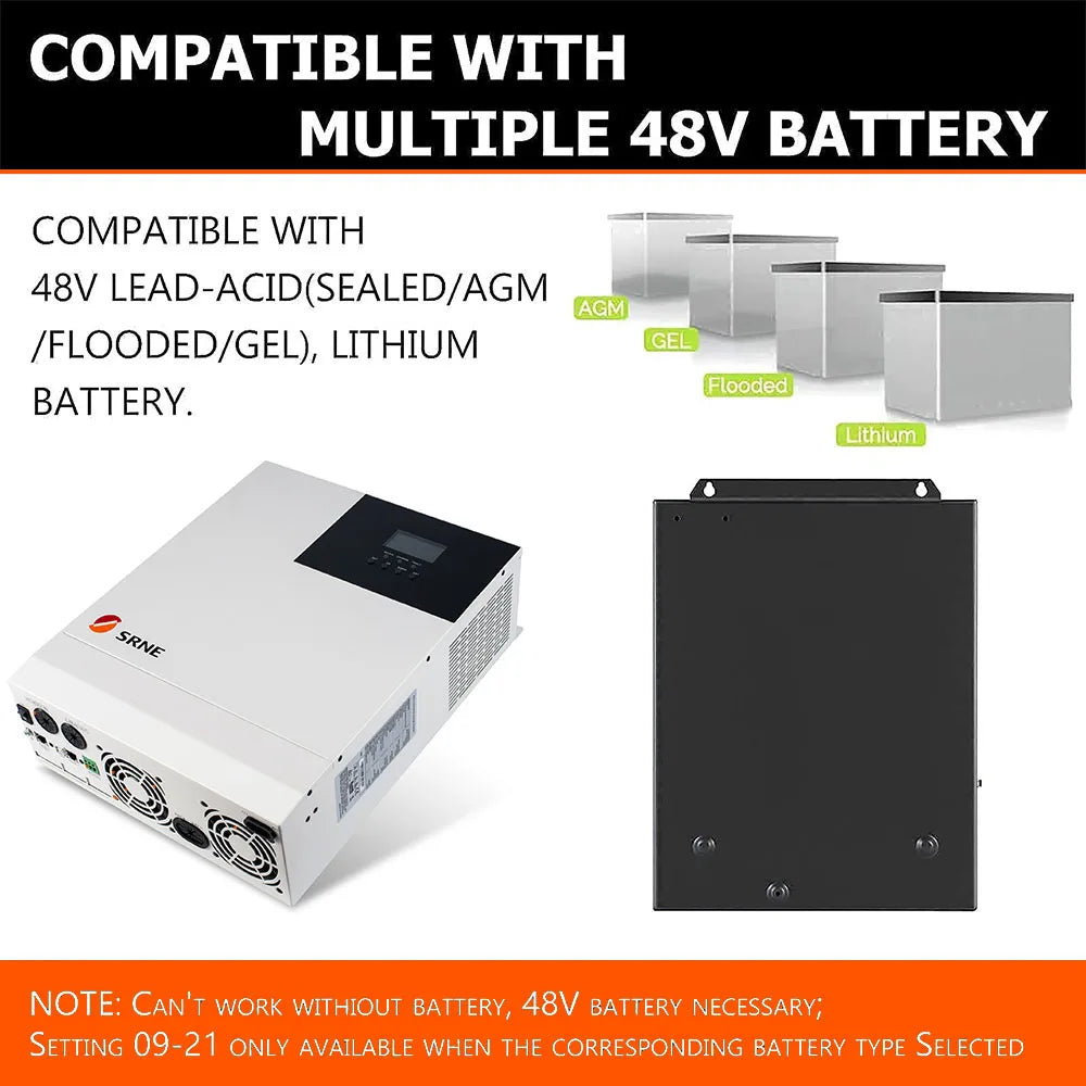 SRNE 5000W 48V Hybrid Inversor, Compatible with multiple 48V battery types, including lead-acid and lithium, for use with this product.