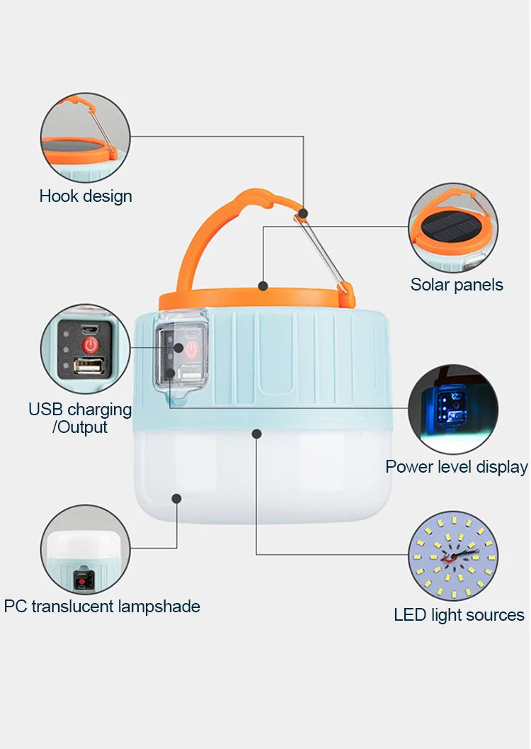 Solar LED Camping Light, Portable solar-powered camping light with hook and USB rechargeability.