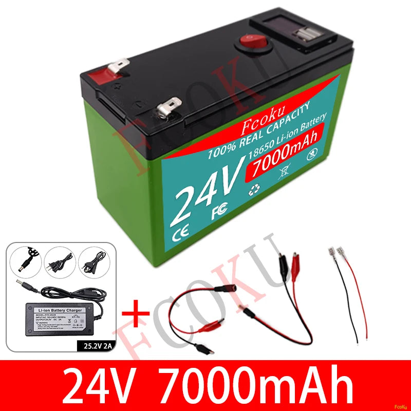 24V 7AH 18650 Lithium Battery, Lithium Battery with Built-in BMS and Charger, suitable for sprayers, EVs, LED lamps, and solar batteries.