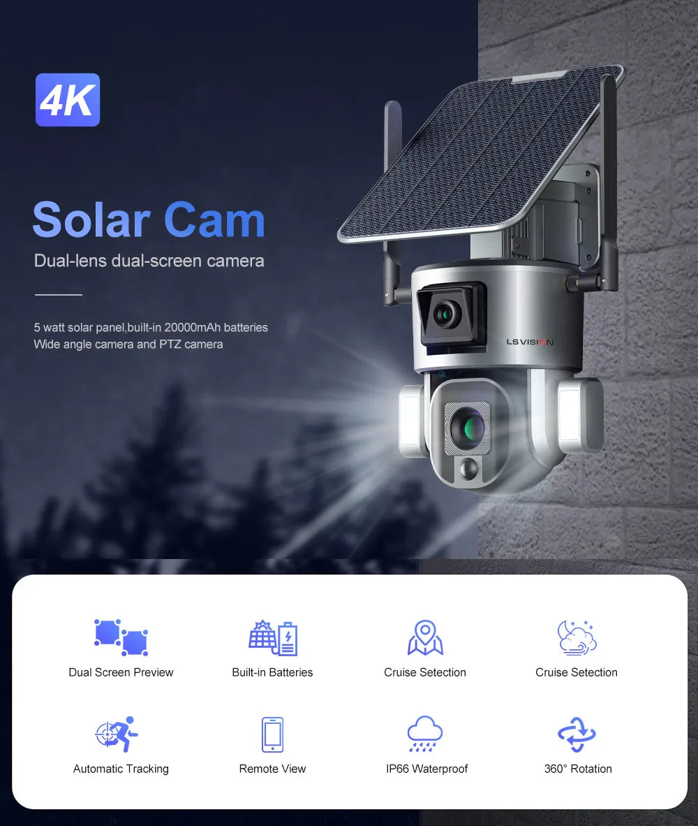 LS Vision LS-MS1-10X Solar Camera: Waterproof, dual-lens design with 4K video, built-in battery, and remote viewing.