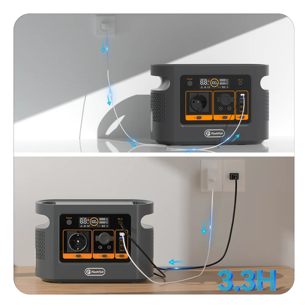 FF Flashfish QE01D, AC power source with 600W output and USB/C/A ports for charging devices.