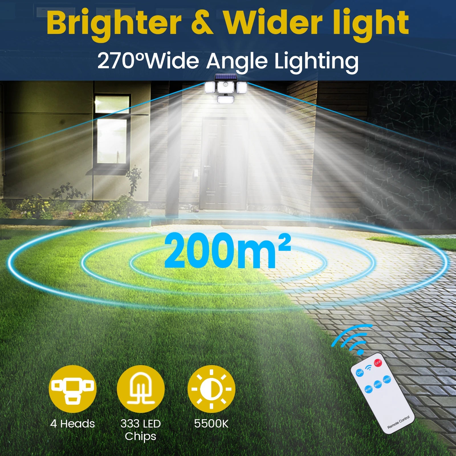 Solar Light, Outdoor LED lighting system with wide-angle view, motion sensor, and remote control.