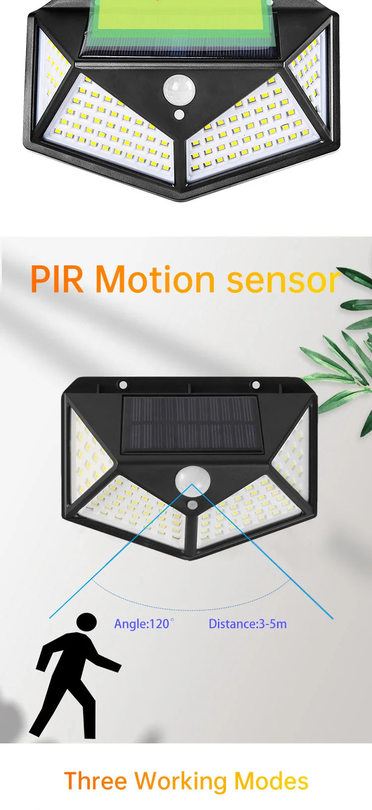 Motion sensor angle: 120°; detection distance: 3-5m; operates in three modes.