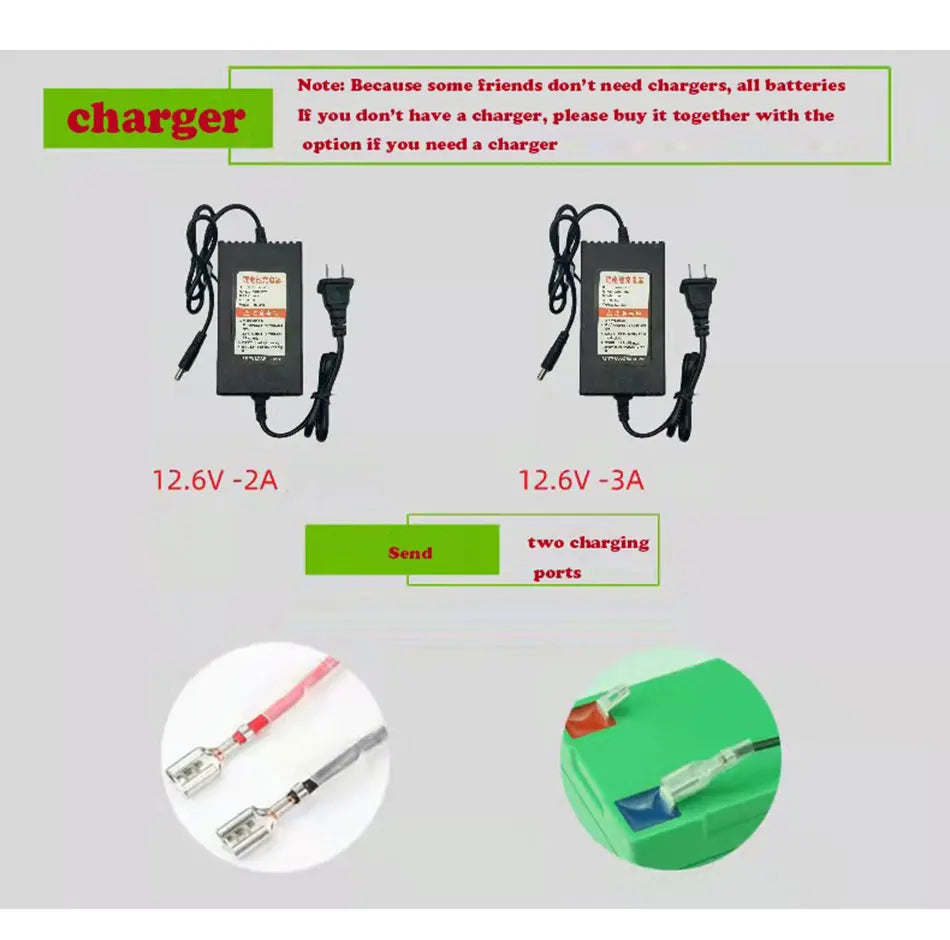 12V Battery, Rechargeable battery pack with solar storage and lighting, includes charger, optional separate chargers available.