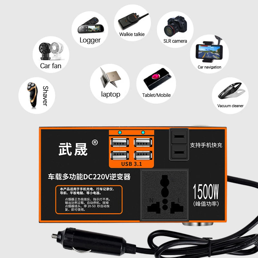 Car Inverter, High-power inverter converts DC car power to AC for heavy loads like laptops and vacuum cleaners.