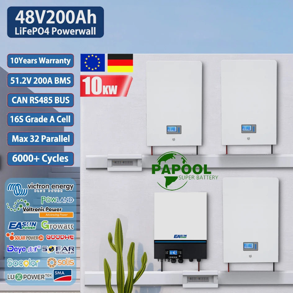 48V 200Ah Powerwall 10KW LiFePO4 Battery, 48V 200Ah Powerwall LiFePO4 battery with built-in BMS and CAN RS485 bus.
