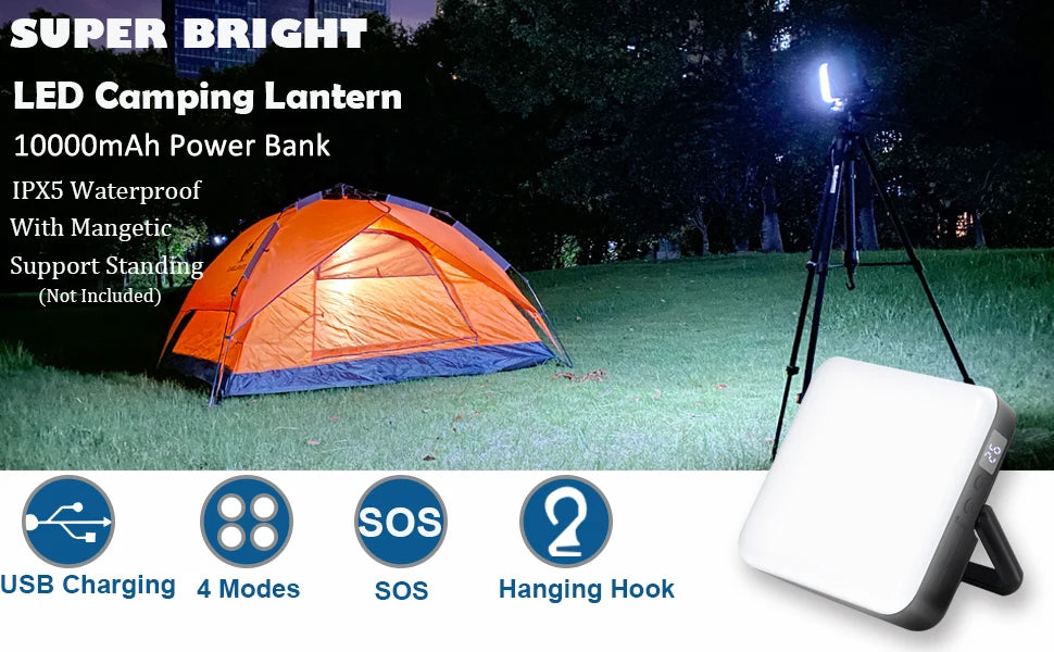 Rugged camping lantern with LED light, power bank, and hanging features.