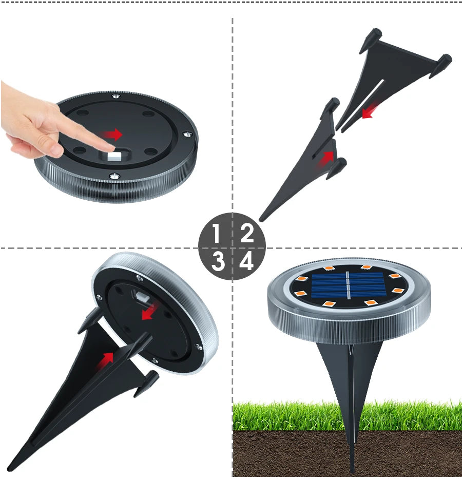 Solar Powered Ground Light, Outdoor landscape lighting with durable ABS material and transparent cover, resisting corrosion and extreme temperatures.