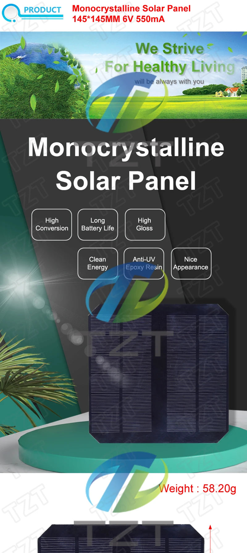 TZT 6V 550mA 3.3W Solar Panel, 6V Polycrystalline Solar Panel for DIY projects, ideal for charging small devices.