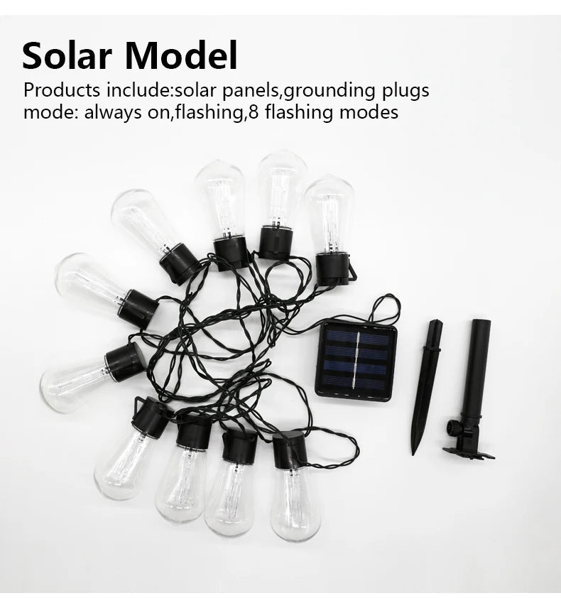 LED Solar String Light, Features solar-powered technology with 8 flashing modes, including always-on and various flash patterns.