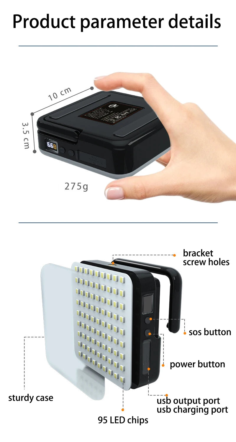 2023 NEW 13500mA LED Camping Light, Multi-mode flashlight with SOS button, USB charging, and robust design.
