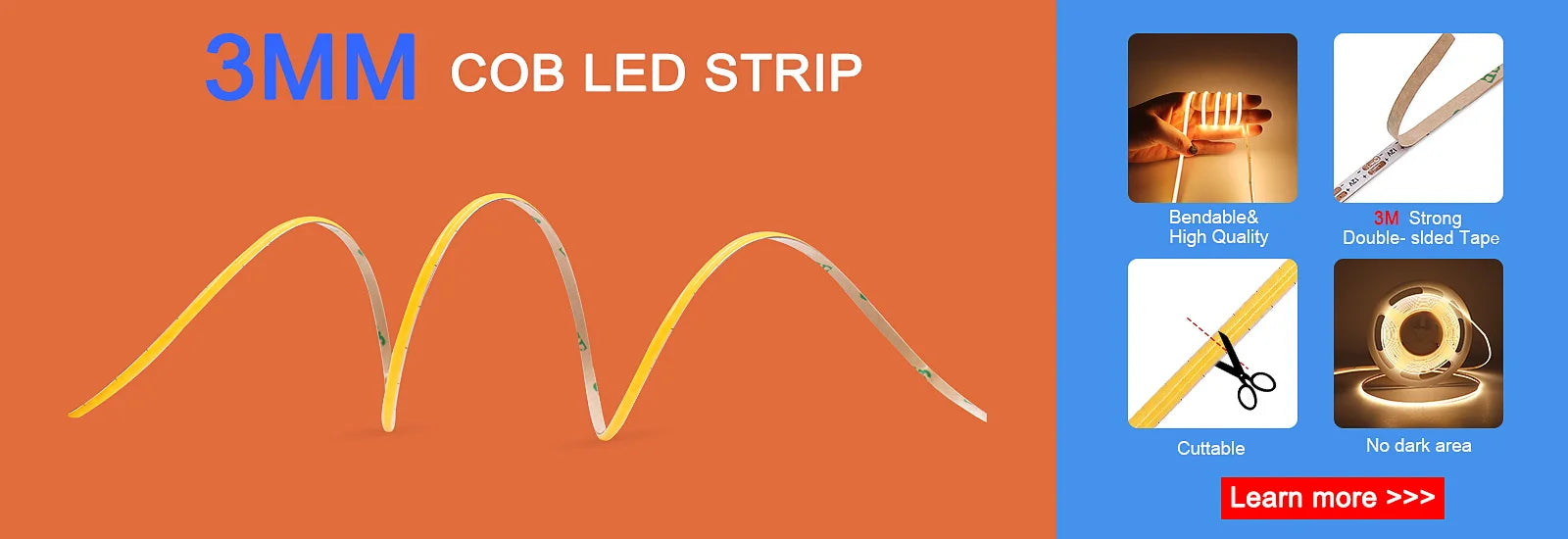 Flexible, robust LED strip with precise cutting lines for custom designs.