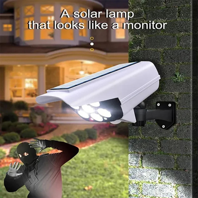 77 LED Solar Light, Solar-powered dummy camera lamp with motion sensor, perfect for outdoor home or garden security.