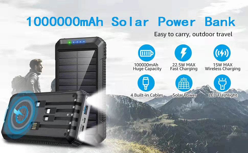 Portable solar power bank with large capacity, fast/wireless charging, built-in cables, and LED flashlight.