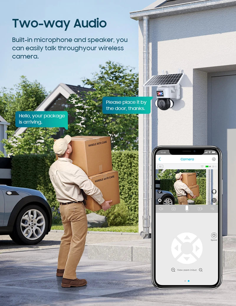 INQMEGA 5MP External Security Camera, Hands-free communication through built-in mic and speaker for welcome greetings or family check-ins.