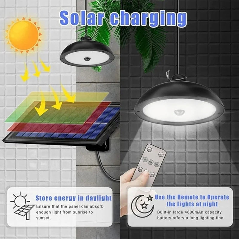 Store energy during daylight hours with solar panel; uses remote control and recharges via battery for night use.