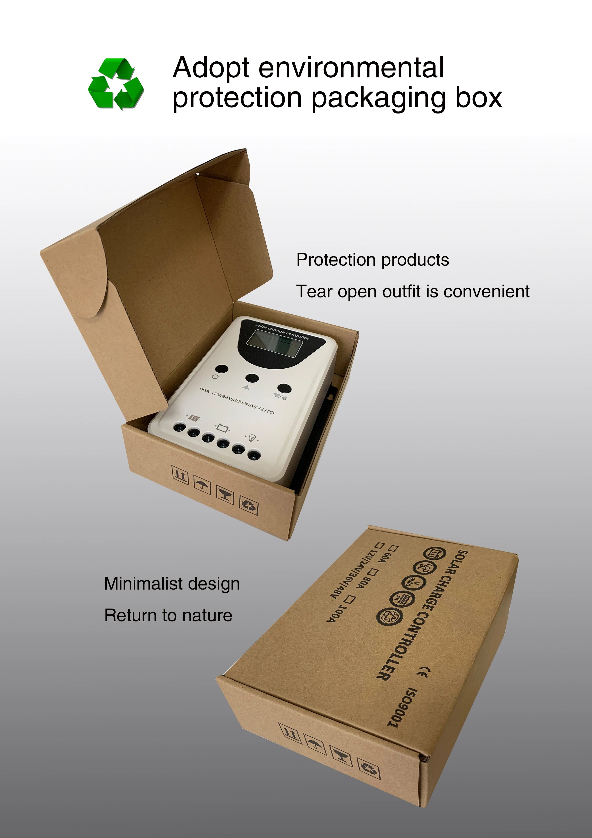 Solar-powered battery controller with eco-friendly packaging and minimal design.